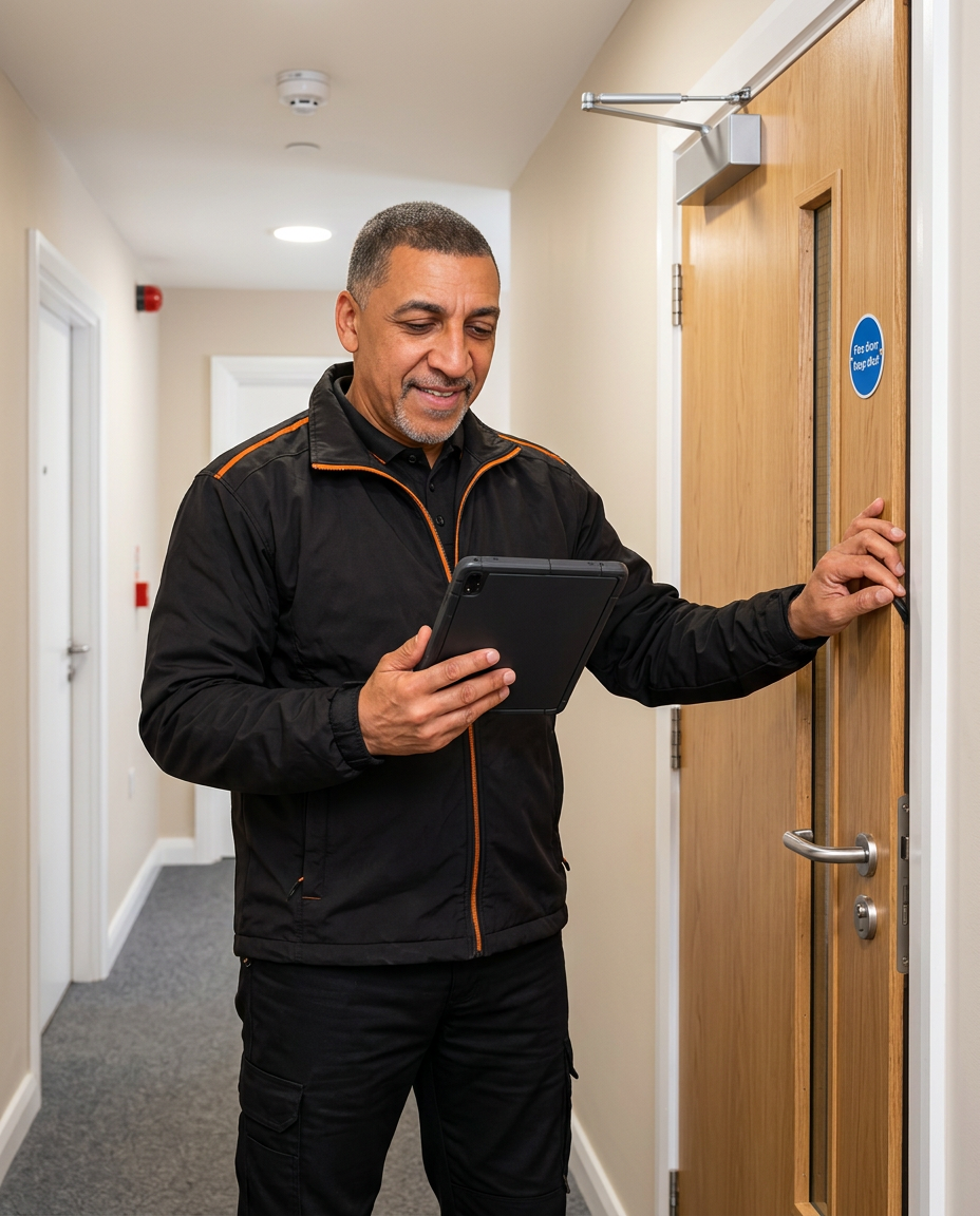 David Goodison inspecting a timber fire door in a communal residential corridor