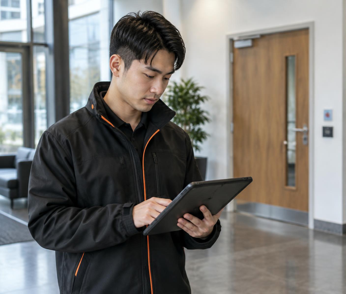 Illustrative image of an inspector reviewing a report on a tablet in a commercial building