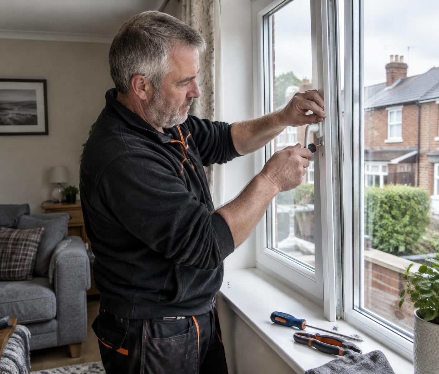 Illustrative image of an engineer adjusting a double-glazed window handle in a UK home